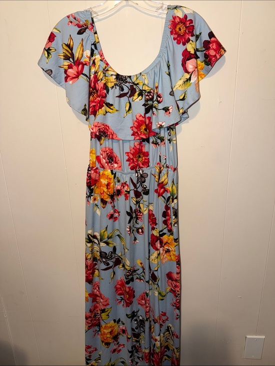 Dresses & Skirts - Floral Ruffle Maxi Dress - Light Blue with Pink & Yellow Flowers